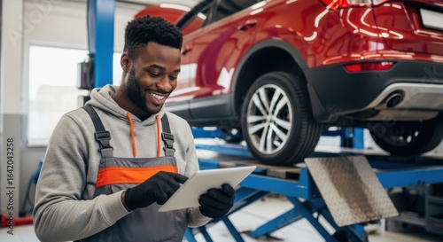 Mechanic checks car on lift with tablet computer