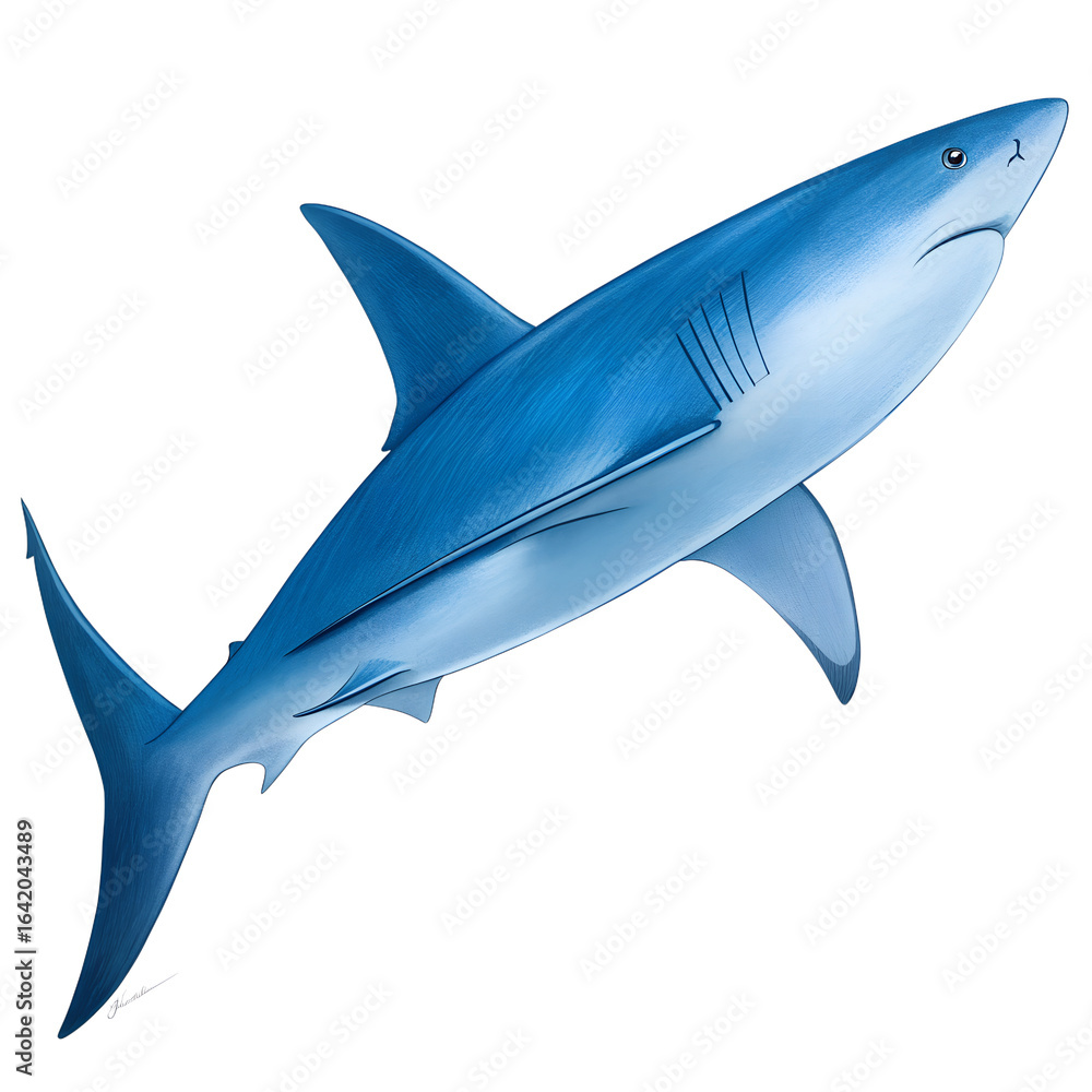 Fototapeta premium A blue shark swimming gracefully in the ocean. The shark has a streamlined body and a pointed snout, showcasing its predatory nature.