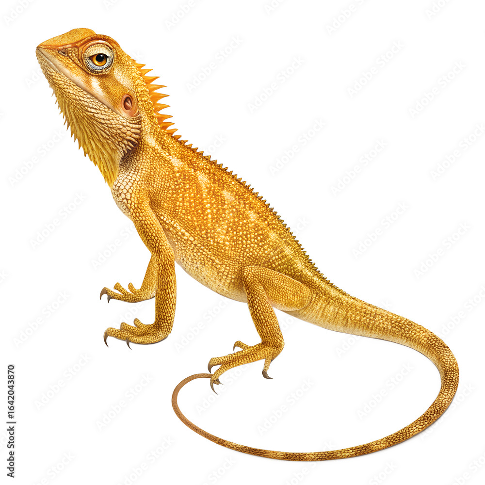 Naklejka premium A vibrant orange bearded dragon lizard stands on a black background. Its scales are textured, and it has a distinctive head shape and long tail.
