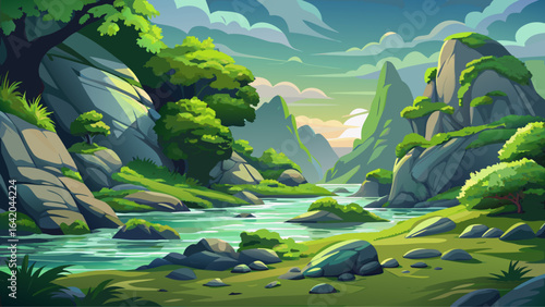 In a serene outdoor setting, soft moss embraces rugged rocks, blending lush green tones with earthy textures, creating a tranquil semi-realistic vector scene of nature’s enduring elegance.