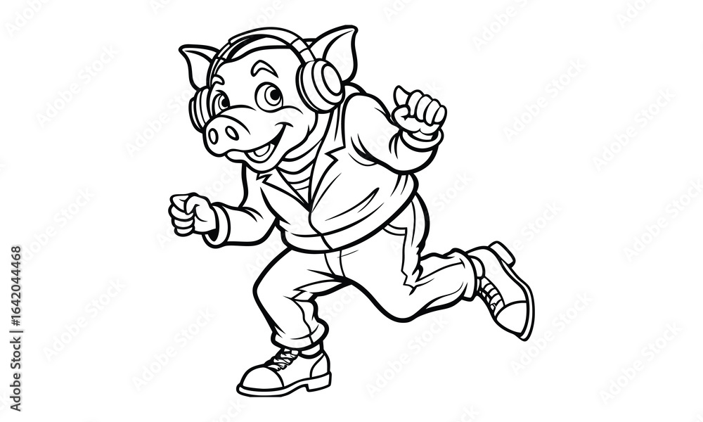 Fototapeta premium Pig wearing headphones cute panda t shirt design silhouette and vector line art, intricate line art for printable art therapy activities, perfect for relaxation, stress relief
