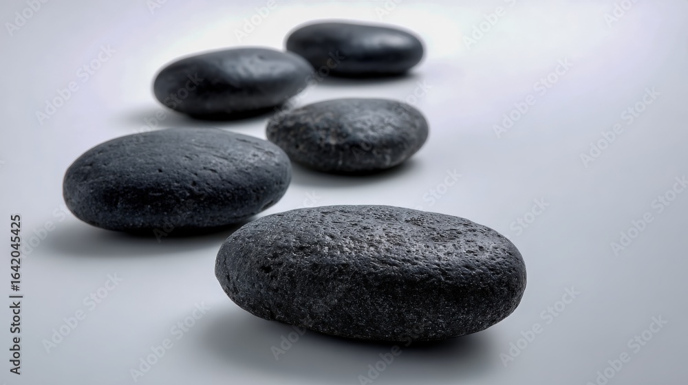 Fototapeta premium Smooth Black Stones in a Row on White Background Representing Balance and Calm for Wellness Concepts