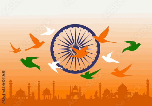 Indian Flag Ashoka Chakra with Saffron White Green Birds in Flight.