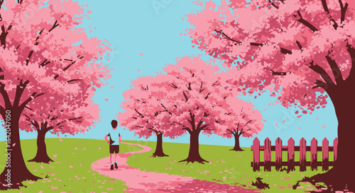 Pixel Art Spring Park A person walks on a winding path among vibrant cherry blossoms and scattered petals, depicting a tranquil and beautiful nature scene.