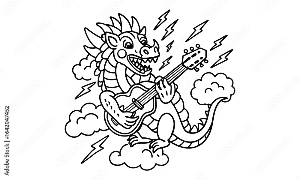 Obraz premium Dragon playing guitar t shirt design silhouette and vector line art, detailed illustration perfect for relaxation and stress relief, ideal for adult coloring books, high-quality art