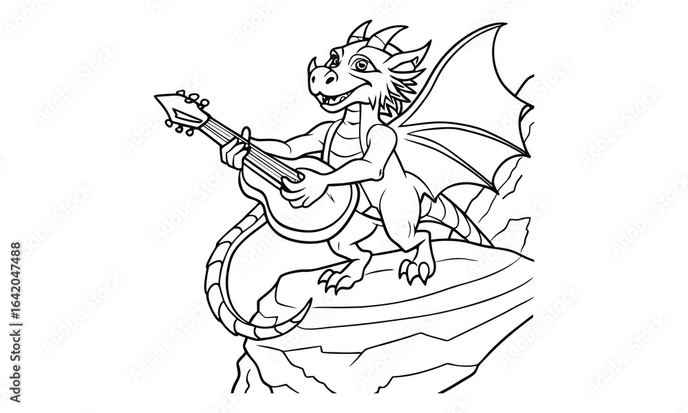 Fototapeta premium Dragon playing guitar t shirt design silhouette and vector line art, detailed illustration perfect for relaxation and stress relief, ideal for adult coloring books, high-quality art