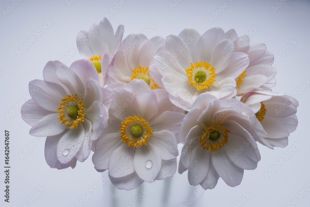 Obraz premium Delicate pale pink flowers with yellow centers in a soft light