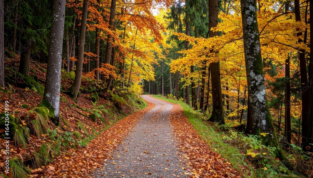 Fototapeta premium Scenic forest path in autumn surrounded by golden and orange foliage.