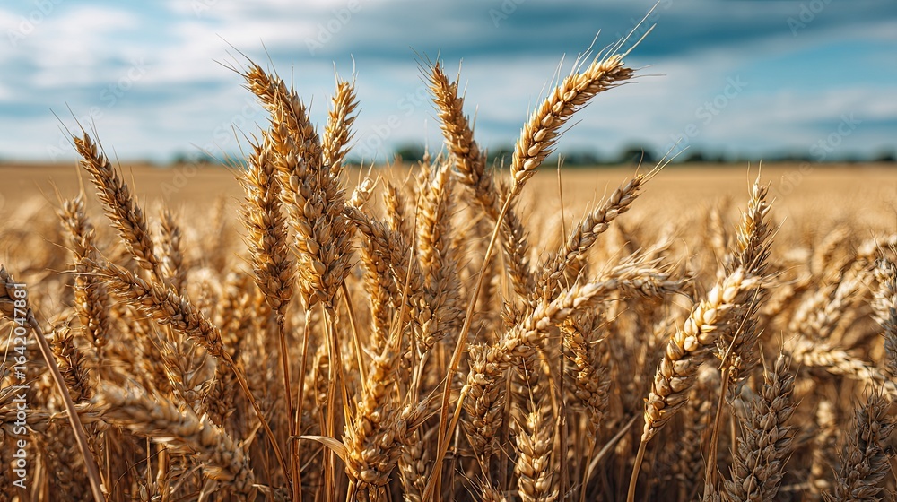Obraz premium Golden ripe wheat ears in agricultural field under cloudy summer sky during harvest season