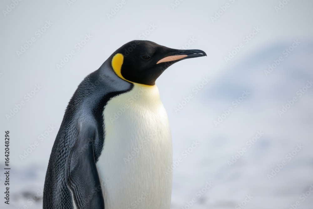 Fototapeta premium Majestic king penguin stands proudly against a snowy backdrop