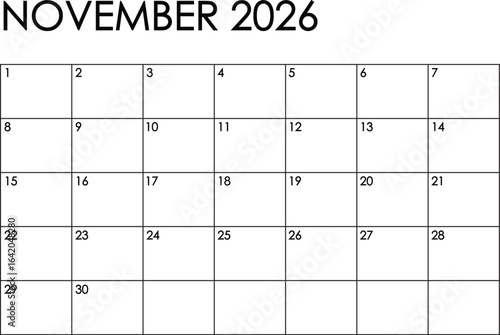 November 2026 month calendar - Sunday to Saturday format. Simple black and white design