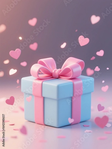 A Light Blue Gift Box with Pink Ribbon and Floating Hearts