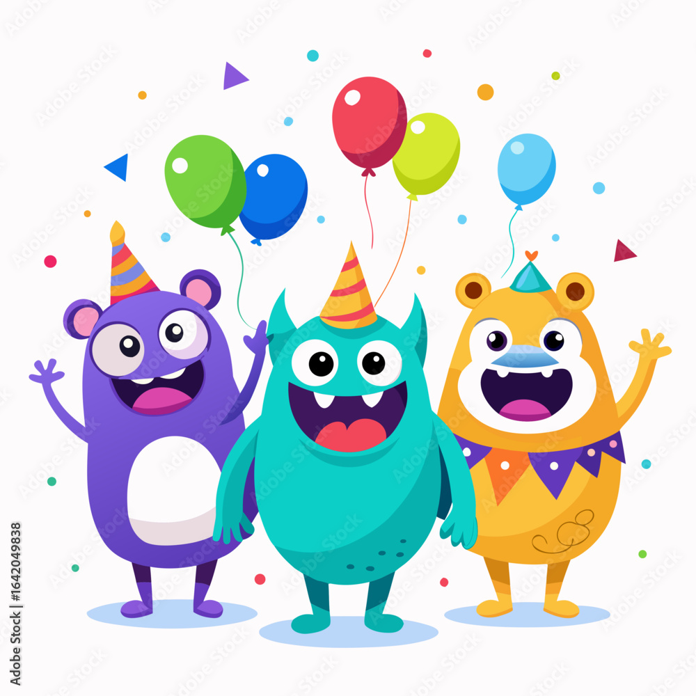 Fototapeta premium Cartoon Monsters Party Celebration with Balloons and Confetti Vector Illustration
