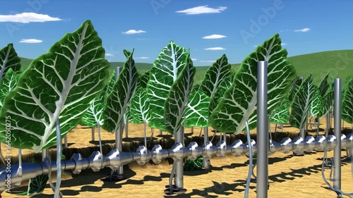 Vertical farm with rows of vibrant green leaves supported by a system of metallic pipes and supports.  A sunny, clear day with a blue sky and scattered clouds overhead