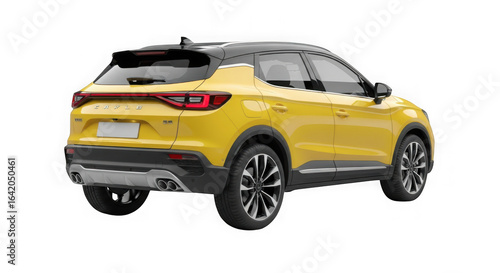 Modern yellow compact suv with black accents on a black background