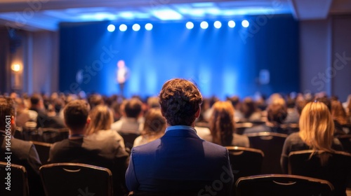 People attending business conference listening to speaker on stage
