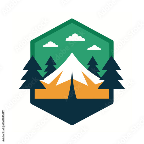 Travel Badge Logo with Tent Plane and Trees Illustration