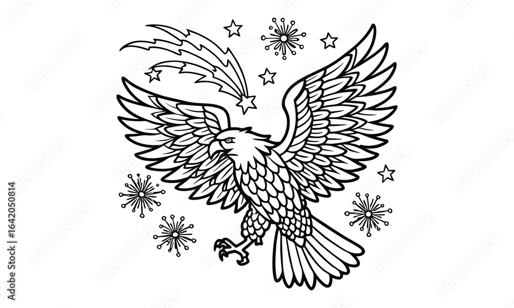 Obraz premium Fireworks eagle and American flag t shirt design silhouette and vector line art, high-quality illustration ideal for adult coloring books, art therapy, relaxation and stress relief