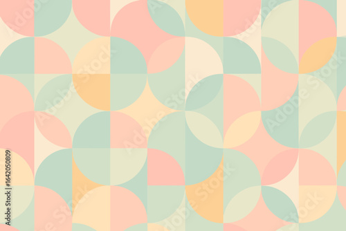 A colorful abstract geometric pattern of interlocking semi-circles in soft pastel hues create a seamless and visually pleasing design, perfect for adding a touch of contemporary elegance.