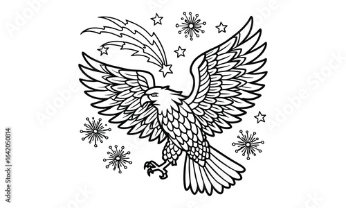 Fireworks eagle and American flag t shirt design silhouette and vector line art, high-quality illustration ideal for adult coloring books, art therapy, relaxation and stress relief