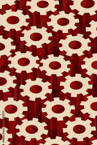multiple interlocked cogwheels pattern, suggesting seamless efficiency and mechanical cohesion against a deep red backdrop.