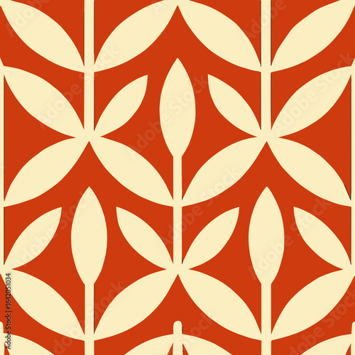 A stylized, seamless floral pattern features a symmetrical arrangement of botanical shapes in a complementary color palette, creating a visually pleasing and decorative design.