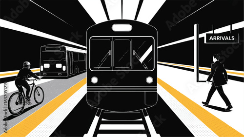 Diverse Transportation Methods with Train Bus Bicycle and Pedestrian in Bold Black and White Graphic Illustration
