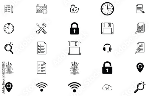 Assorted black and white icons for productivity, technology, security, and location services