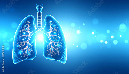 wireframe low poly lung on blue blurred bokeh background, radiology and medicine, innovation and medical technology concept