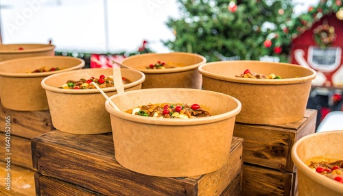 Several brown disposable bowls containing food sit on wooden crates, with a decorated Christmas tree in the background.