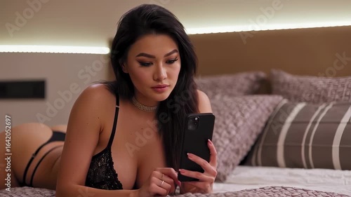 A young East Asian woman in black lace lingerie lies prone on a comfortable bed, intently viewing content on her smartphone within a softly lit bedroom, creating an intimate scene.