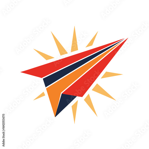 Paper Plane And Sun Rays Logo Vector Illustration