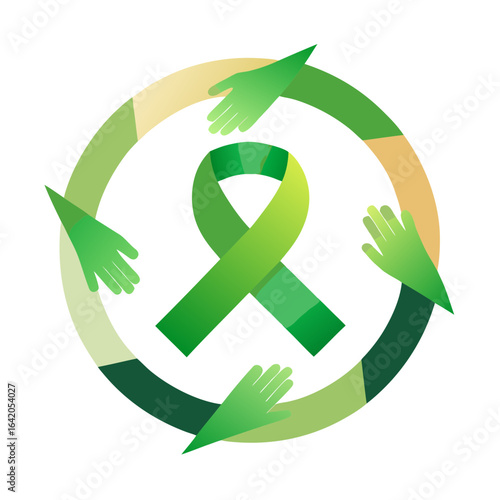 Hands Forming Circle Around Green Awareness Ribbon Rare Disease Vector Illustration

