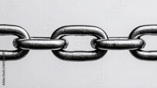 A detailed shot of a strong, metallic chain with a bright and clean background.