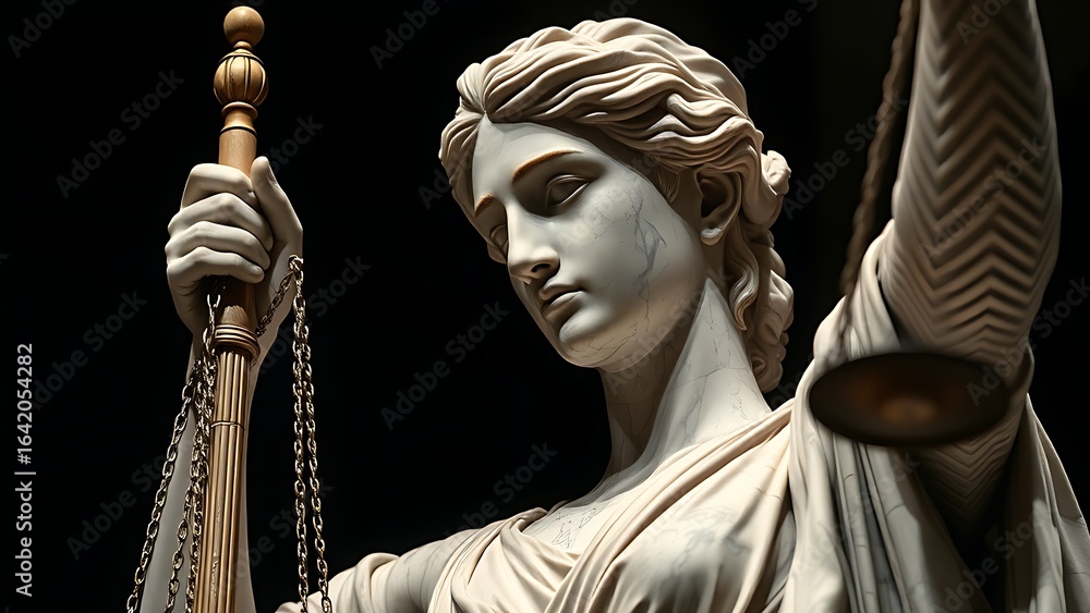 Obraz premium Classical marble statue representing justice, detailed with museum-style lighting for dramatic effect.