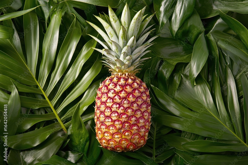 Fototapeta premium Vibrant pineapple amidst lush tropical leaves.