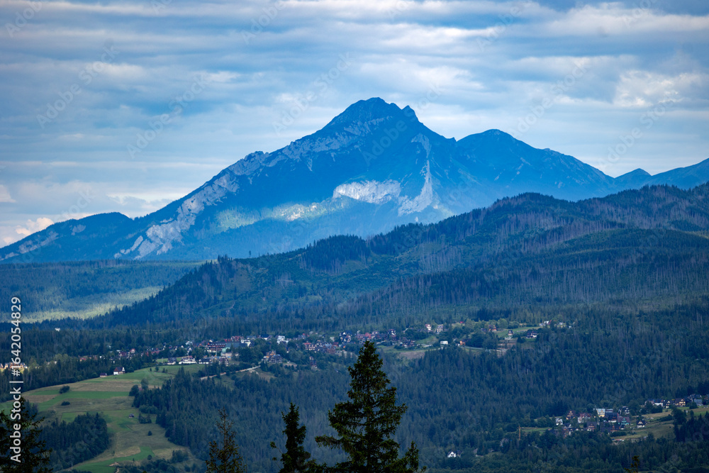 Fototapeta premium Majestic blue mountain range above green forested valley with small village houses