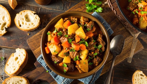 A bowl of stew containing beef, potatoes, and carrots sits on a blue placemat next to sliced bread and a spoon.