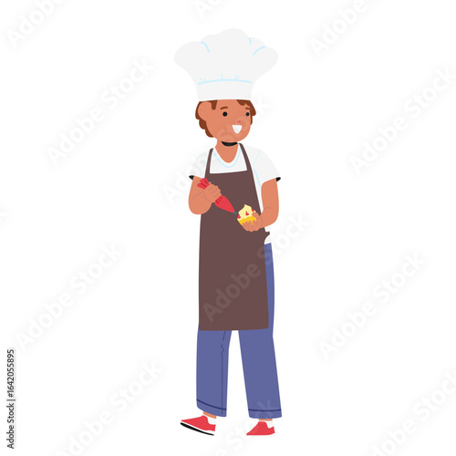 Boy child cartoon character baking muffins decorating pastry with icing glaze full-length portrait