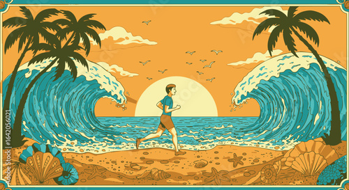 Runner's determination parts the ocean waves in a dramatic vintage style beach illustration at sunset.