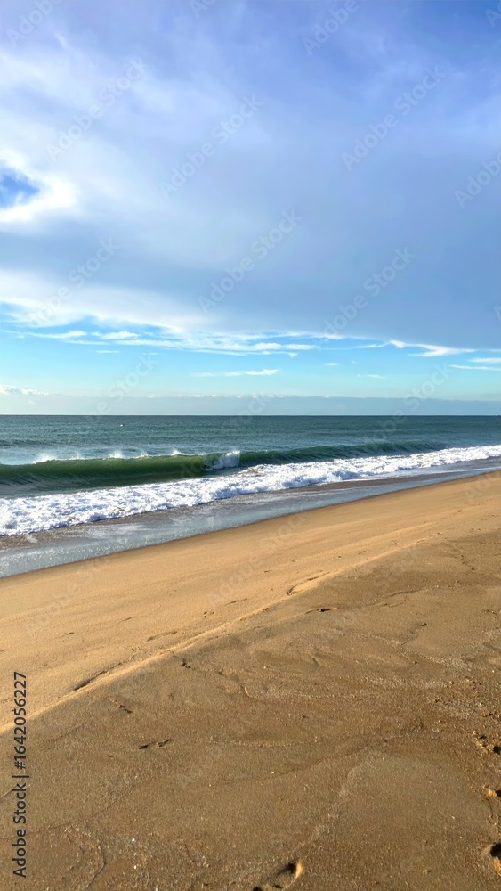 Fototapeta premium Gentle waves roll onto a sandy beach under a blue sky with light clouds.
