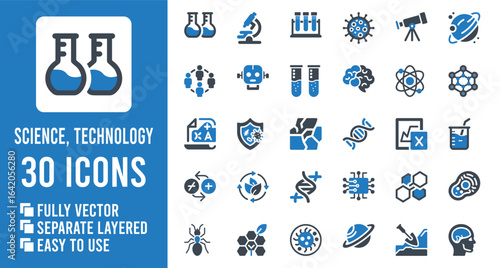 Science and technology icons with laboratory equipment and biological elements vector