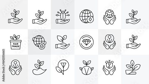Ethical and Sustainable Business Practices Line Icons Representing Growth Global Responsibility and Fair Trade Commitment for Environmentally Conscious Brands