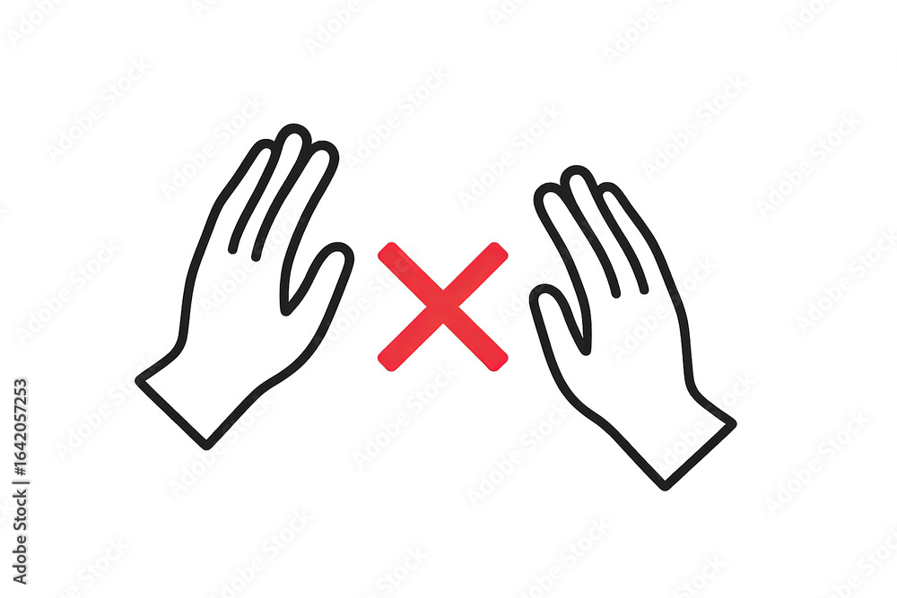 Obraz premium Two colored outline hands with red cross between them, no touching, transparent background