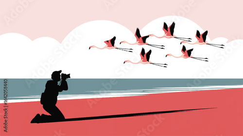 Flamingo photography session on tropical beach with beautiful birds flying in formation and photographer silhouette capturing the moment