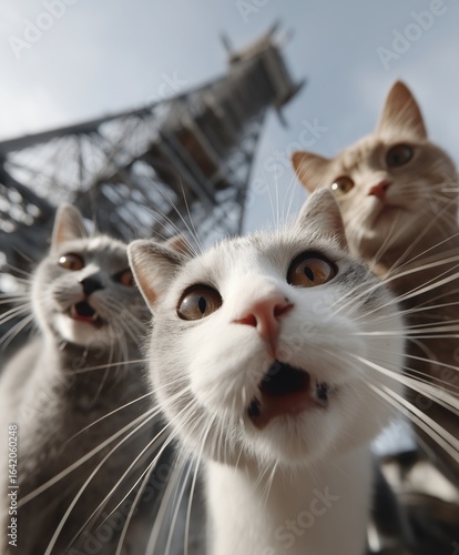 Three cats taking a selfie in front of the eiffel tower paris fun pet photography urban environment close-up view