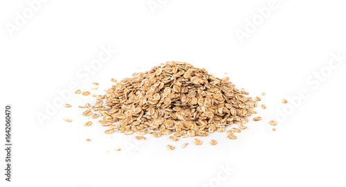 Foto Spelt flakes isolated, dry raw rolled flat oat grains, wheat, oatmeal or bran, b