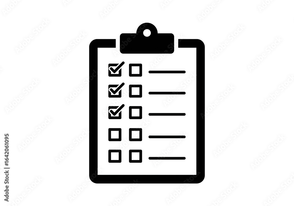 A black and white illustration of a clipboard with check marks and empty boxes on it page A black and white illustration of a clipboard with check marks and empty boxes on it page