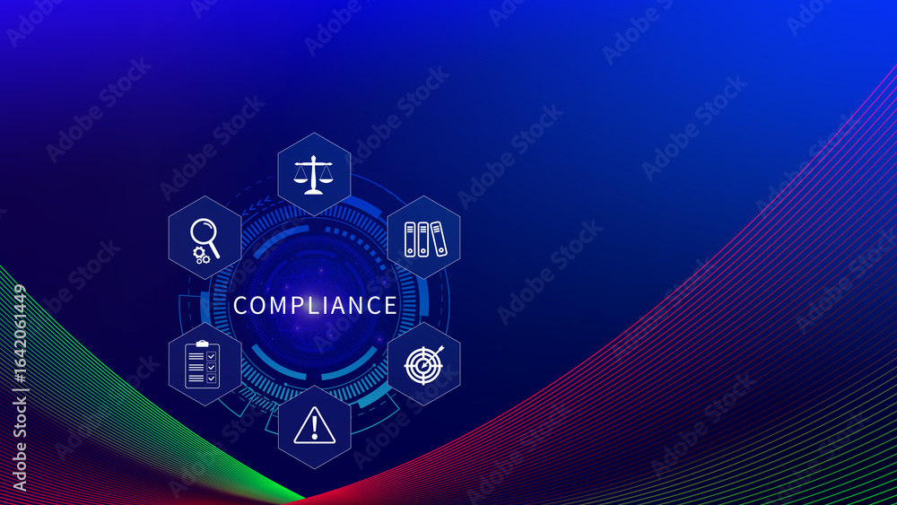 Fototapeta premium Compliance. Compliance concept with icons and text. Regulations, law, standards, requirements, Rule, audit diagram on virtual screen, Business internet technology