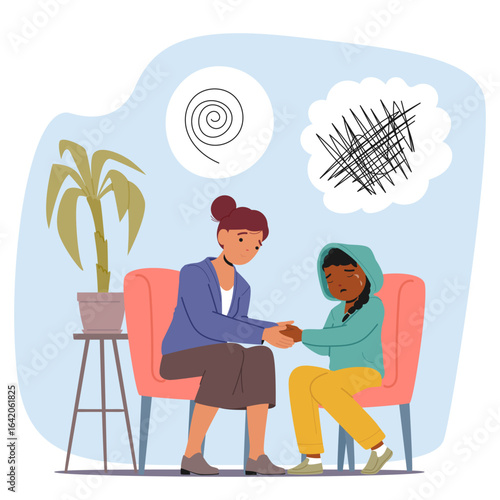 Crying girl child receiving support from psychologist at psychotherapy session cartoon scene